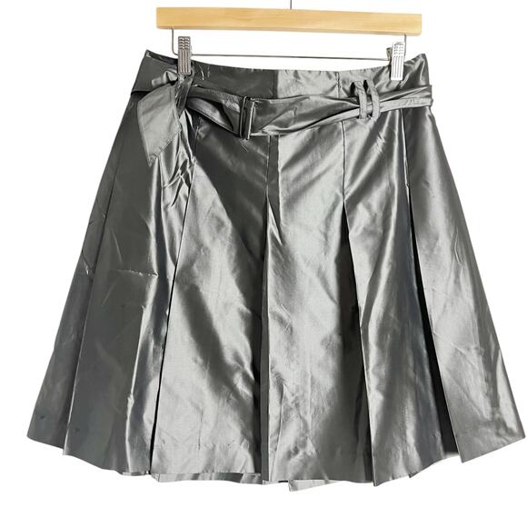 Kenneth Cole Silk Silver Gray Satin Belted Pleated A-Line Mini Skirt Size 12 - Picture 1 of 8